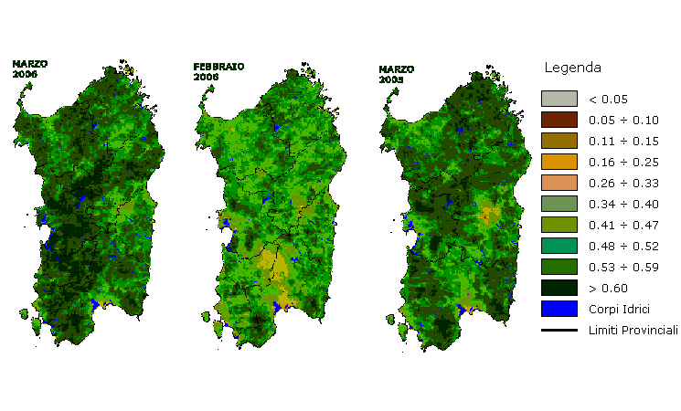 Figura 3 - Mappe di NDVI elaborate per il mese di marzo 2006 e raffronto rispetto ai valori del mese precedente e del mese di marzo 2005. Figura 3 - Mappe di NDVI elaborate per il mese di marzo 2006 e raffronto rispetto ai valori del mese precedente e del mese di marzo 2005.
