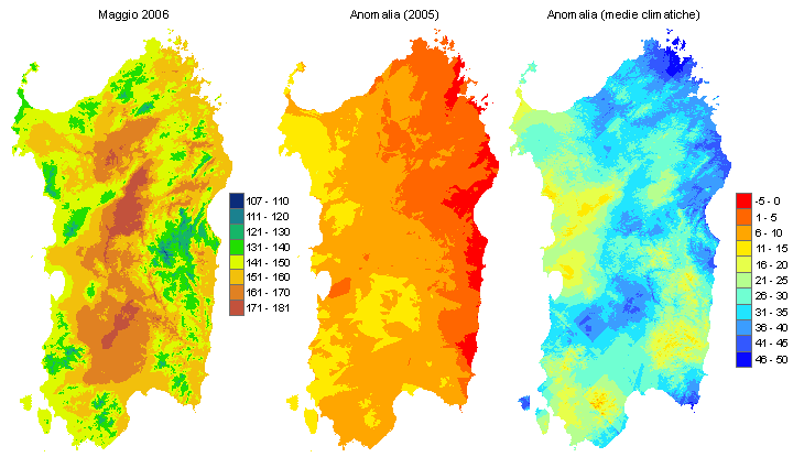 Figura 1 - Mappe di evapotraspirazione potenziale (o di riferimento) di maggio 2006 e di anomalia rispetto all'anno precedente e ai valori medi trentennali. Figura 1 - Mappe di evapotraspirazione potenziale (o di riferimento) di maggio 2006 e di anomalia rispetto all'anno precedente e ai valori medi trentennali.