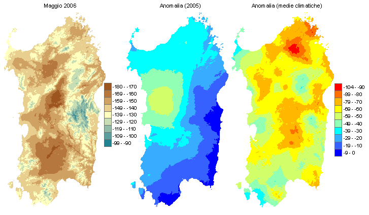 Figura 2 - Mappe di bilancio idro-meteorologico di maggio 2006 e di anomalia rispetto all'anno precedente e ai valori medi trentennali. Figura 2 - Mappe di bilancio idro-meteorologico di maggio 2006 e di anomalia rispetto all'anno precedente e ai valori medi trentennali.