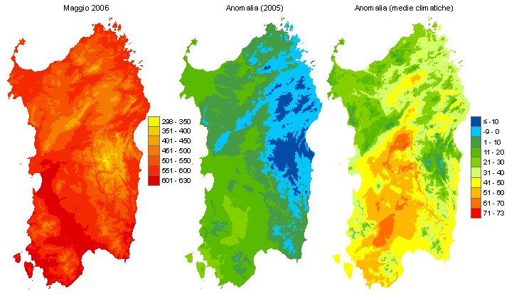 Figura 3 - Mappe di sommatorie termiche in base 0 °C calcolate per il mese di maggio 2006 e raffronto con l'anno precedente e con i valori medi trentennali. Figura 3 - Mappe di sommatorie termiche in base 0 °C calcolate per il mese di maggio 2006 e raffronto con l'anno precedente e con i valori medi trentennali.
