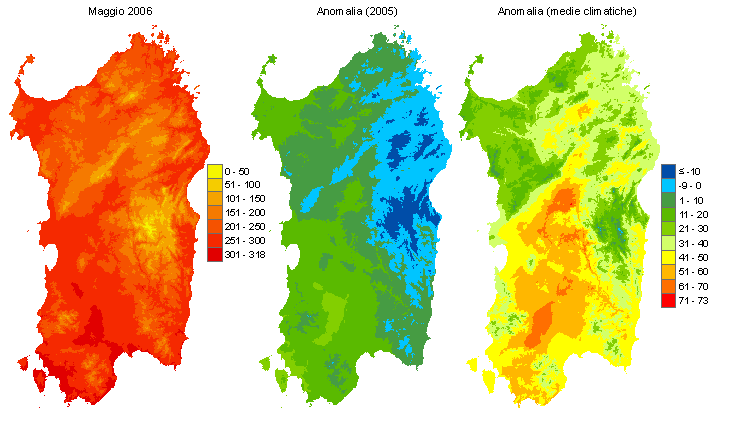 Figura 4 - Mappe di sommatorie termiche in base 10 °C calcolate per il mese di maggio 2006 e raffronto con l'anno precedente e con i valori medi trentennali Figura 4 - Mappe di sommatorie termiche in base 10 °C calcolate per il mese di maggio 2006 e raffronto con l'anno precedente e con i valori medi trentennali