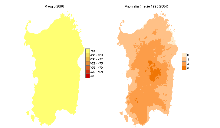 Figura 5 - Mappe di Temperature Humidity Index per il mese di maggio 2006 e raffronto con i valori medi del decennio 1995-2004. Figura 5 - Mappe di Temperature Humidity Index per il mese di maggio 2006 e raffronto con i valori medi del decennio 1995-2004.