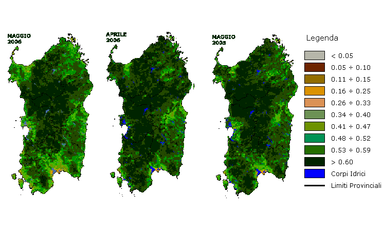 Figura 6 - Mappe di NDVI elaborate per il mese di maggio 2006 e raffronto rispetto ai valori del mese precedente e del mese di maggio 2005. Figura 6 - Mappe di NDVI elaborate per il mese di maggio 2006 e raffronto rispetto ai valori del mese precedente e del mese di maggio 2005.