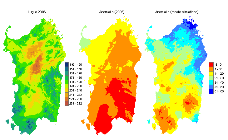 Figura 1 - Mappe di evapotraspirazione potenziale (o di riferimento) di luglio 2006 e di anomalia rispetto all'anno precedente e ai valori medi trentennali. Figura 1 - Mappe di evapotraspirazione potenziale (o di riferimento) di luglio 2006 e di anomalia rispetto all'anno precedente e ai valori medi trentennali.