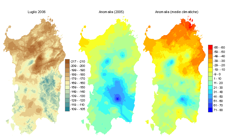 Figura 2 - Mappe di bilancio idro-meteorologico di luglio 2006 e di anomalia rispetto all'anno precedente e ai valori medi trentennali. Figura 2 - Mappe di bilancio idro-meteorologico di luglio 2006 e di anomalia rispetto all'anno precedente e ai valori medi trentennali.