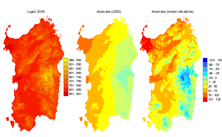 Figura 3 - Mappe di sommatorie termiche in base 0 °C calcolate per il mese di luglio 2006 e raffronto con l'anno precedente e con i valori medi trentennali. Figura 3 - Mappe di sommatorie termiche in base 0 °C calcolate per il mese di luglio 2006 e raffronto con l'anno precedente e con i valori medi trentennali.