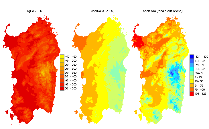 Figura 4 - Mappe di sommatorie termiche in base 10 °C calcolate per il mese di luglio 2006 e raffronto con l'anno precedente e con i valori medi trentennali. Figura 4 - Mappe di sommatorie termiche in base 10 °C calcolate per il mese di luglio 2006 e raffronto con l'anno precedente e con i valori medi trentennali.