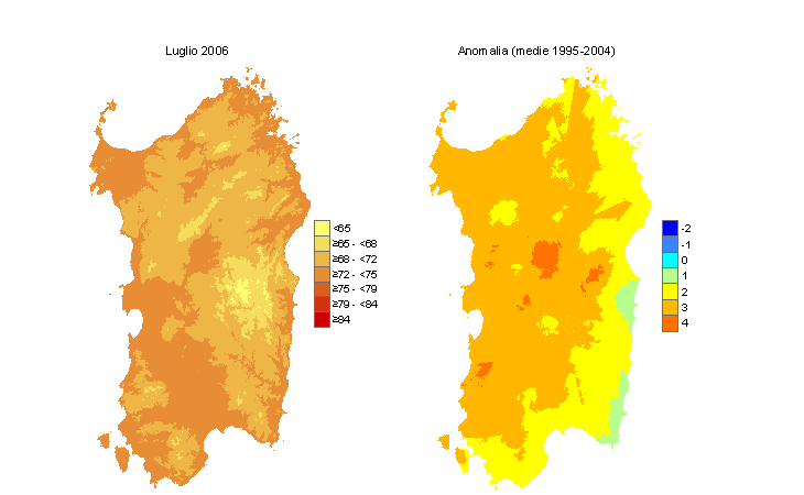 Figura 6 - Mappe di Temperature Humidity Index per il mese di luglio 2006 e raffronto con i valori medi del decennio 1995-2004. Figura 6 - Mappe di Temperature Humidity Index per il mese di luglio 2006 e raffronto con i valori medi del decennio 1995-2004.