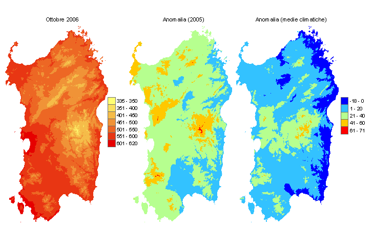 Figura 3 - Mappe di sommatorie termiche in base 0 °C calcolate per il mese di ottobre 2006 e raffronto con l'anno precedente e con i valori medi trentennali. Figura 3 - Mappe di sommatorie termiche in base 0 °C calcolate per il mese di ottobre 2006 e raffronto con l'anno precedente e con i valori medi trentennali.