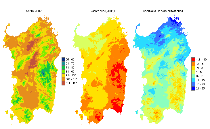 Figura 1 - Mappe di evapotraspirazione potenziale (o di riferimento) di aprile 2007 e di anomalia rispetto all'anno precedente e ai valori medi trentennali. Figura 1 - Mappe di evapotraspirazione potenziale (o di riferimento) di aprile 2007 e di anomalia rispetto all'anno precedente e ai valori medi trentennali.
