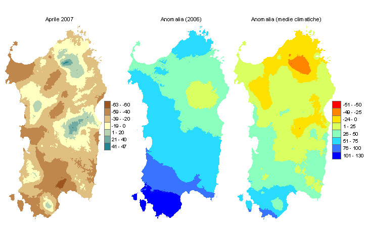 Figura 2 - Mappe di bilancio idro-meteorologico di aprile 2007 e di anomalia rispetto all'anno precedente e ai valori medi trentennali. Figura 2 - Mappe di bilancio idro-meteorologico di aprile 2007 e di anomalia rispetto all'anno precedente e ai valori medi trentennali.