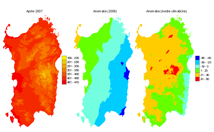 Figura 3 - Mappe di sommatorie termiche in base 0 °C calcolate per il mese di aprile 2007 e raffronto con l'anno precedente e con i valori medi trentennali. Figura 3 - Mappe di sommatorie termiche in base 0 °C calcolate per il mese di aprile 2007 e raffronto con l'anno precedente e con i valori medi trentennali.