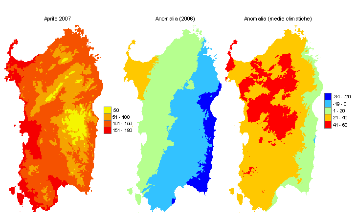 Figura 4 - Mappe di sommatorie termiche in base 10 °C calcolate per il mese di aprile 2007 e raffronto con l'anno precedente e con i valori medi trentennali. Figura 4 - Mappe di sommatorie termiche in base 10 °C calcolate per il mese di aprile 2007 e raffronto con l'anno precedente e con i valori medi trentennali.