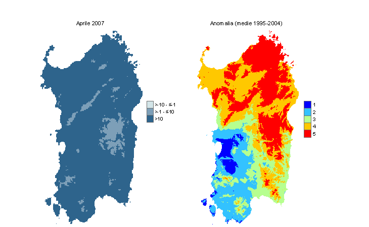 Figura 5 - Mappe di WCI per il mese di aprile 2007 e raffronto con i valori medi del decennio 1995-2004. Figura 5 - Mappe di WCI per il mese di aprile 2007 e raffronto con i valori medi del decennio 1995-2004.