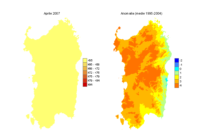 Figura 6 - Mappe di THI per il mese di aprile 2007 e raffronto con i valori medi del decennio 1995-2004. Figura 6 - Mappe di THI per il mese di aprile 2007 e raffronto con i valori medi del decennio 1995-2004.