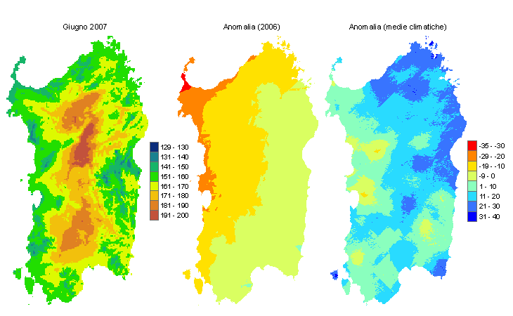 Figura 1 - Mappe di evapotraspirazione potenziale (o di riferimento) di giugno 2007 e di anomalia rispetto all'anno precedente e ai valori medi trentennali. Figura 1 - Mappe di evapotraspirazione potenziale (o di riferimento) di giugno 2007 e di anomalia rispetto all'anno precedente e ai valori medi trentennali.