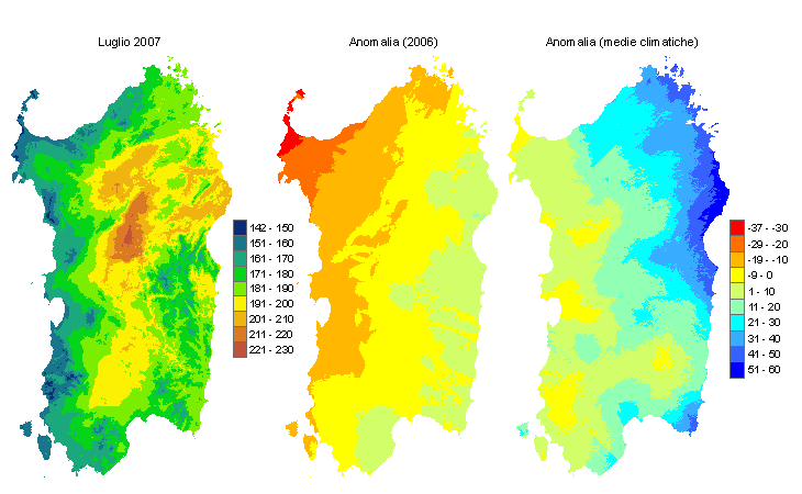 Figura 1 - Mappe di evapotraspirazione potenziale (o di riferimento) di luglio 2007 e di anomalia rispetto all'anno precedente e ai valori medi trentennali. Figura 1 - Mappe di evapotraspirazione potenziale (o di riferimento) di luglio 2007 e di anomalia rispetto all'anno precedente e ai valori medi trentennali.