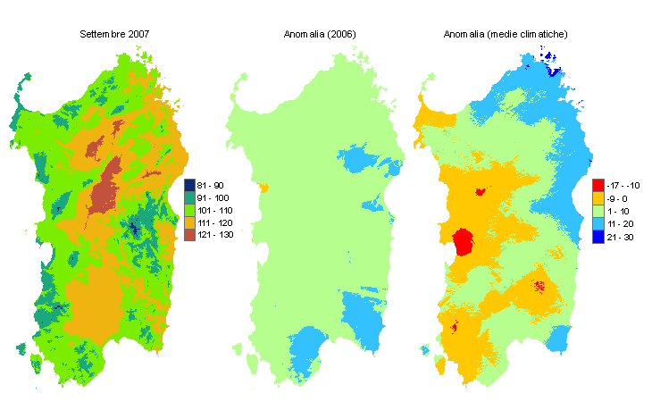 Figura 1 - Mappe di evapotraspirazione potenziale (o di riferimento) di settembre 2007 e di anomalia rispetto all'anno precedente e ai valori medi trentennali. Figura 1 - Mappe di evapotraspirazione potenziale (o di riferimento) di settembre 2007 e di anomalia rispetto all'anno precedente e ai valori medi trentennali.