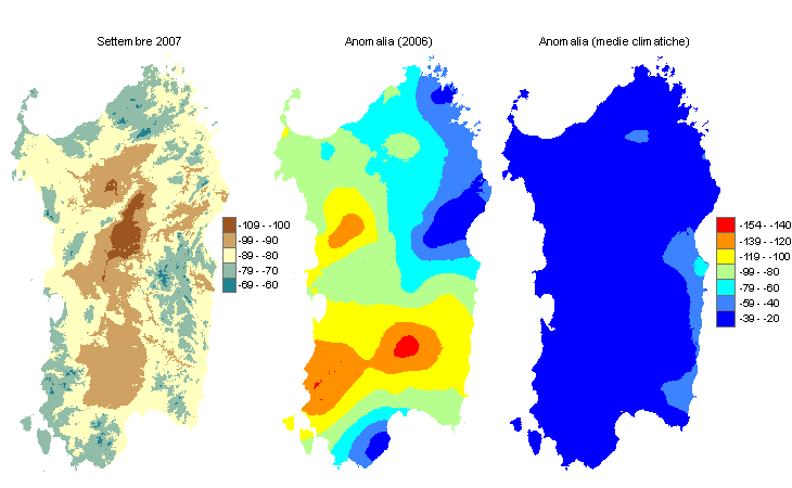 Figura 2 - Mappe di bilancio idro-meteorologico di settembre 2007 e di anomalia rispetto all'anno precedente e ai valori medi trentennali. Figura 2 - Mappe di bilancio idro-meteorologico di settembre 2007 e di anomalia rispetto all'anno precedente e ai valori medi trentennali.