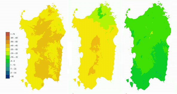 Figura 3 - Mappe di bilancio idro-meteorologico della I, II e III decade di settembre 2007. Figura 3 - Mappe di bilancio idro-meteorologico della I, II e III decade di settembre 2007.