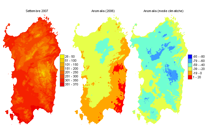 Figura 5 - Mappe di sommatorie termiche in base 10 °C calcolate per il mese di settembre 2007 e raffronto con l'anno precedente e con i valori medi trentennali. Figura 5 - Mappe di sommatorie termiche in base 10 °C calcolate per il mese di settembre 2007 e raffronto con l'anno precedente e con i valori medi trentennali.