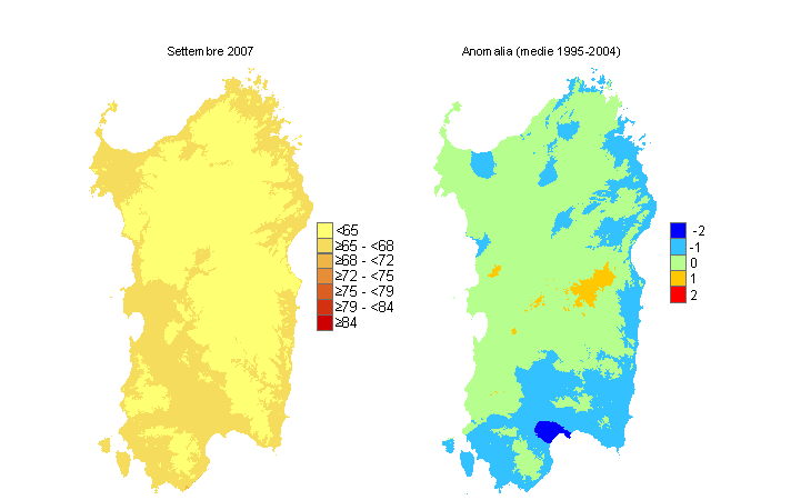 Figura 6 - Mappe di THI per il mese di settembre 2007 e raffronto con i valori medi del decennio 1995-2004. Figura 6 - Mappe di THI per il mese di settembre 2007 e raffronto con i valori medi del decennio 1995-2004.