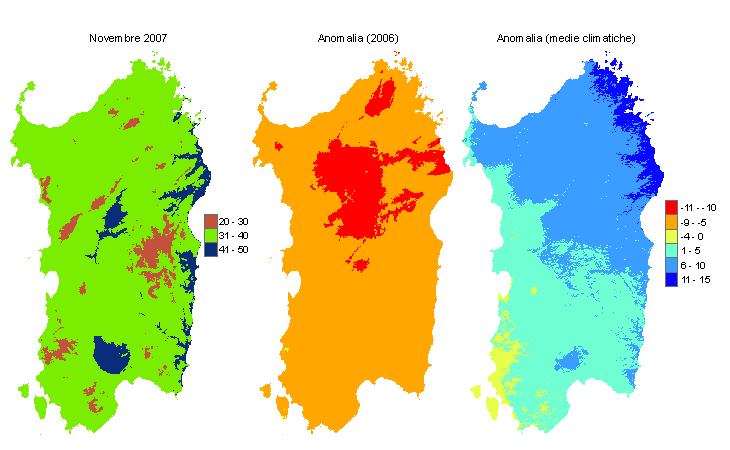 Figura 1 - Mappe di evapotraspirazione potenziale (o di riferimento) di novembre 2007 e di anomalia rispetto all'anno precedente e ai valori medi trentennali. Figura 1 - Mappe di evapotraspirazione potenziale (o di riferimento) di novembre 2007 e di anomalia rispetto all'anno precedente e ai valori medi trentennali.