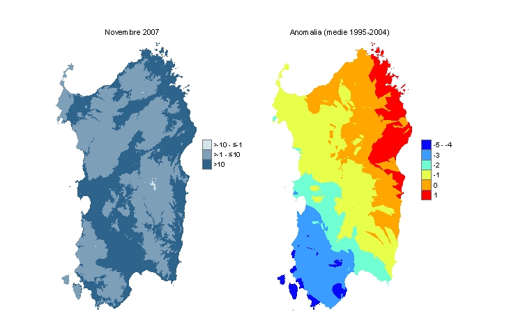 Figura 10 - Mappe di THI per il mese di novembre 2007 e raffronto con i valori medi del decennio 1995-2004. Figura 10 - Mappe di THI per il mese di novembre 2007 e raffronto con i valori medi del decennio 1995-2004.