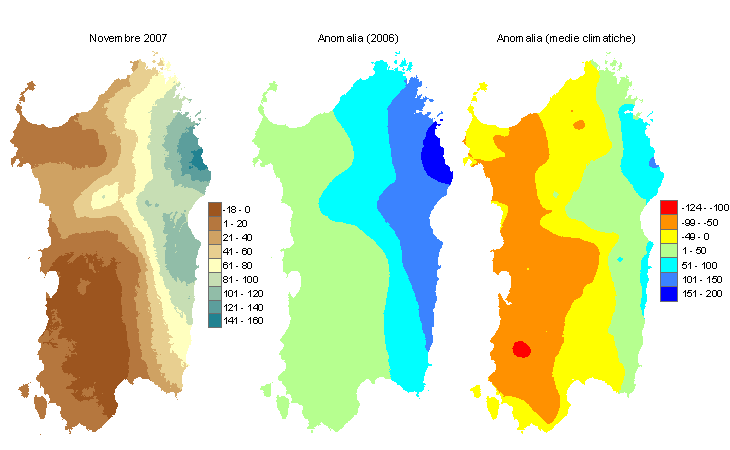 Figura 2 - Mappe di bilancio idro-meteorologico di novembre 2007 e di anomalia rispetto all'anno precedente e ai valori medi trentennali. Figura 2 - Mappe di bilancio idro-meteorologico di novembre 2007 e di anomalia rispetto all'anno precedente e ai valori medi trentennali.