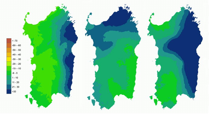 Figura 3 - Mappe di bilancio idro-meteorologico della I, II e III decade di novembre 2007. Figura 3 - Mappe di bilancio idro-meteorologico della I, II e III decade di novembre 2007.