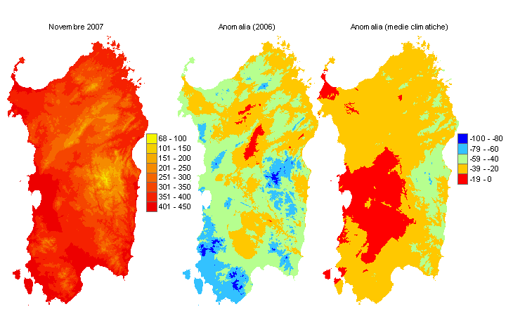 Figura 4 - Mappe di sommatorie termiche in base 0 °C calcolate per il mese di novembre 2007 e raffronto con l'anno precedente e con i valori medi trentennali. Figura 4 - Mappe di sommatorie termiche in base 0 °C calcolate per il mese di novembre 2007 e raffronto con l'anno precedente e con i valori medi trentennali.
