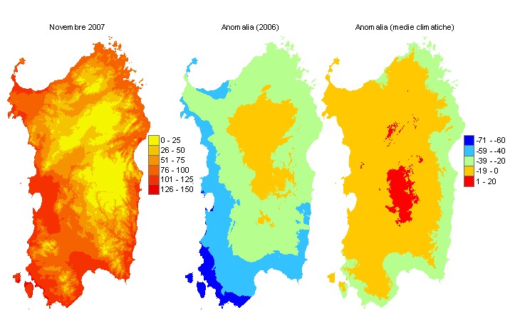 Figura 5 - Mappe di sommatorie termiche in base 10 °C calcolate per il mese di novembre 2007 e raffronto con l'anno precedente e con i valori medi trentennali. Figura 5 - Mappe di sommatorie termiche in base 10 °C calcolate per il mese di novembre 2007 e raffronto con l'anno precedente e con i valori medi trentennali.
