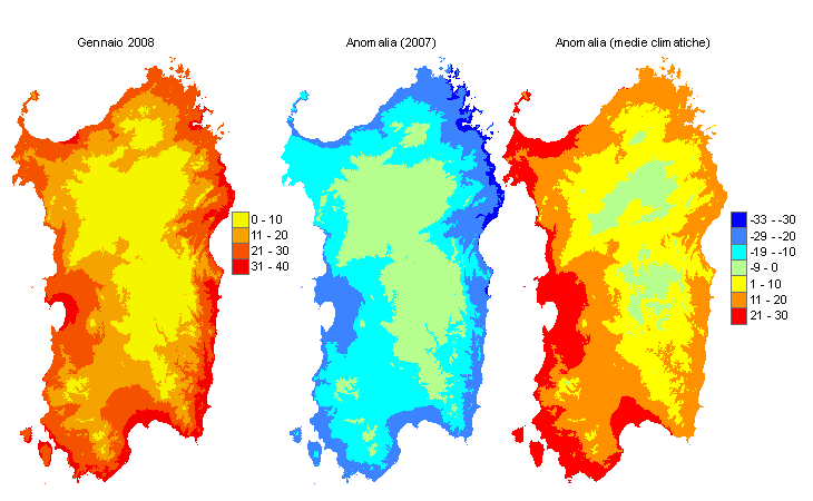 Figura 5 - Mappe di sommatorie termiche in base 10 °C calcolate per il mese di gennaio 2008 e raffronto con l'anno precedente e con i valori medi trentennali. Figura 5 - Mappe di sommatorie termiche in base 10 °C calcolate per il mese di gennaio 2008 e raffronto con l'anno precedente e con i valori medi trentennali.