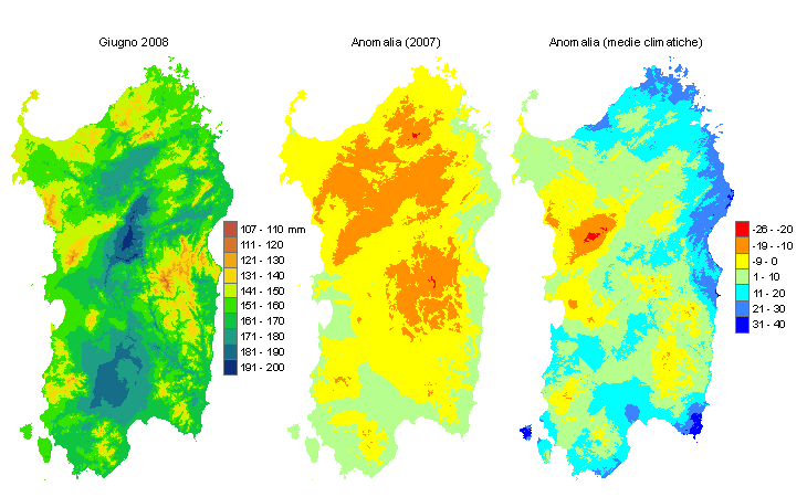 Figura 1 - Mappe di evapotraspirazione potenziale (o di riferimento) di giugno 2008 e di anomalia rispetto all'anno precedente e ai valori medi trentennali. Figura 1 - Mappe di evapotraspirazione potenziale (o di riferimento) di giugno 2008 e di anomalia rispetto all'anno precedente e ai valori medi trentennali.