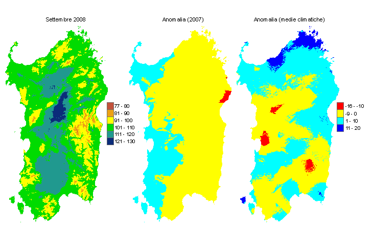 Figura 1 - Mappe di evapotraspirazione potenziale (o di riferimento) di settembre 2008 e di anomalia rispetto all'anno precedente e ai valori medi trentennali. Figura 1 - Mappe di evapotraspirazione potenziale (o di riferimento) di settembre 2008 e di anomalia rispetto all'anno precedente e ai valori medi trentennali.