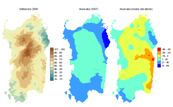 Figura 2 - Mappe di bilancio idro-meteorologico di settembre 2008 e di anomalia rispetto all'anno precedente e ai valori medi trentennali. Figura 2 - Mappe di bilancio idro-meteorologico di settembre 2008 e di anomalia rispetto all'anno precedente e ai valori medi trentennali.