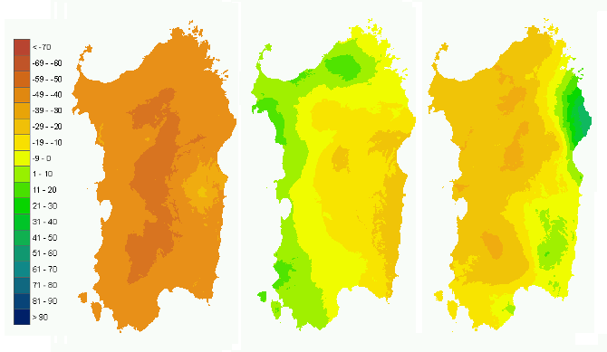 Figura 3 - Mappe di bilancio idro-meteorologico della I, II e III decade di settembre 2008. Figura 3 - Mappe di bilancio idro-meteorologico della I, II e III decade di settembre 2008.