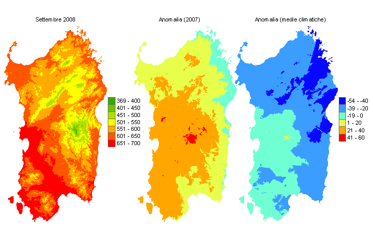 Figura 4 - Mappe di sommatorie termiche in base 0 °C calcolate per il mese di settembre 2008 e raffronto con l'anno precedente e con i valori medi trentennali. Figura 4 - Mappe di sommatorie termiche in base 0 °C calcolate per il mese di settembre 2008 e raffronto con l'anno precedente e con i valori medi trentennali.