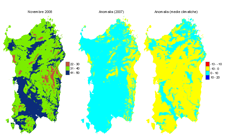Figura 1 - Mappe di evapotraspirazione potenziale (o di riferimento) di novembre 2008 e di anomalia rispetto all'anno precedente e ai valori medi trentennali. Figura 1 - Mappe di evapotraspirazione potenziale (o di riferimento) di novembre 2008 e di anomalia rispetto all'anno precedente e ai valori medi trentennali.