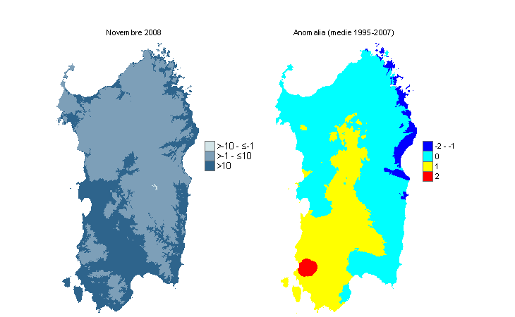 Figura 10 - Mappe di WCI per il mese di novembre 2008 e raffronto con i valori medi del decennio 1995-2004. Figura 10 - Mappe di WCI per il mese di novembre 2008 e raffronto con i valori medi del decennio 1995-2004.