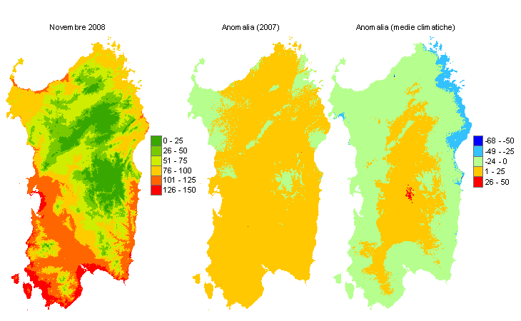 Figura 5 - Mappe di sommatorie termiche in base 10 °C calcolate per il mese di novembre 2008 e raffronto con l'anno precedente e con i valori medi trentennali. Figura 5 - Mappe di sommatorie termiche in base 10 °C calcolate per il mese di novembre 2008 e raffronto con l'anno precedente e con i valori medi trentennali.