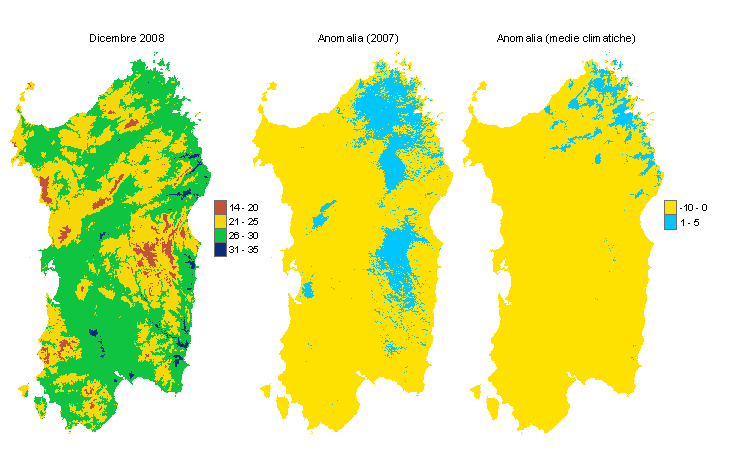 Figura 1 - Mappe di evapotraspirazione potenziale (o di riferimento) di dicembre 2008 e di anomalia rispetto all'anno precedente e ai valori medi trentennali. Figura 1 - Mappe di evapotraspirazione potenziale (o di riferimento) di dicembre 2008 e di anomalia rispetto all'anno precedente e ai valori medi trentennali.