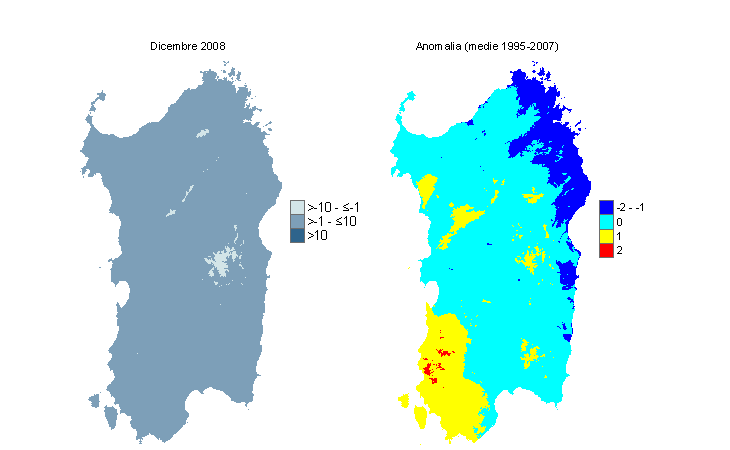 Figura 12 - Mappe di WCI per il mese di dicembre 2008 e raffronto con i valori medi del decennio 1995-2004. Figura 12 - Mappe di WCI per il mese di dicembre 2008 e raffronto con i valori medi del decennio 1995-2004.