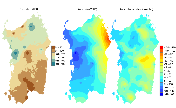 Figura 2 - Mappe di bilancio idro-meteorologico di dicembre 2008 e di anomalia rispetto all'anno precedente e ai valori medi trentennali. Figura 2 - Mappe di bilancio idro-meteorologico di dicembre 2008 e di anomalia rispetto all'anno precedente e ai valori medi trentennali.