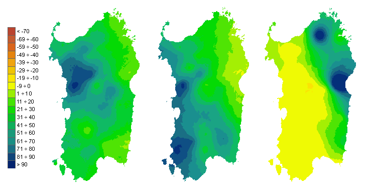 Figura 3 - Mappe di bilancio idro-meteorologico della I, II e III decade di dicembre 2008. Figura 3 - Mappe di bilancio idro-meteorologico della I, II e III decade di dicembre 2008.