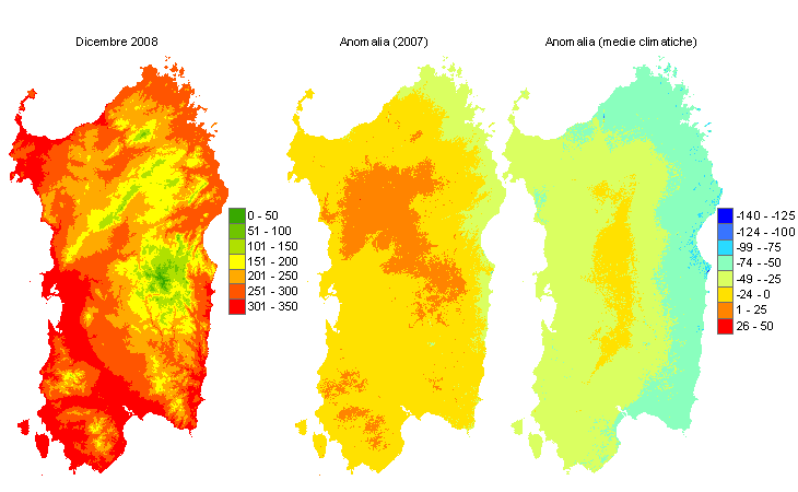 Figura 4 - Mappe di sommatorie termiche in base 0 °C calcolate per il mese di dicembre 2008 e raffronto con l'anno precedente e con i valori medi trentennali. Figura 4 - Mappe di sommatorie termiche in base 0 °C calcolate per il mese di dicembre 2008 e raffronto con l'anno precedente e con i valori medi trentennali.