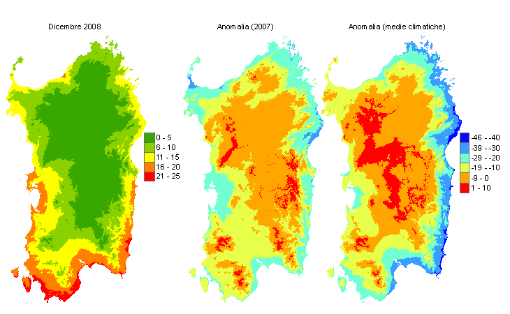 Figura 5 - Mappe di sommatorie termiche in base 10 °C calcolate per il mese di dicembre 2008 e raffronto con l'anno precedente e con i valori medi trentennali. Figura 5 - Mappe di sommatorie termiche in base 10 °C calcolate per il mese di dicembre 2008 e raffronto con l'anno precedente e con i valori medi trentennali.