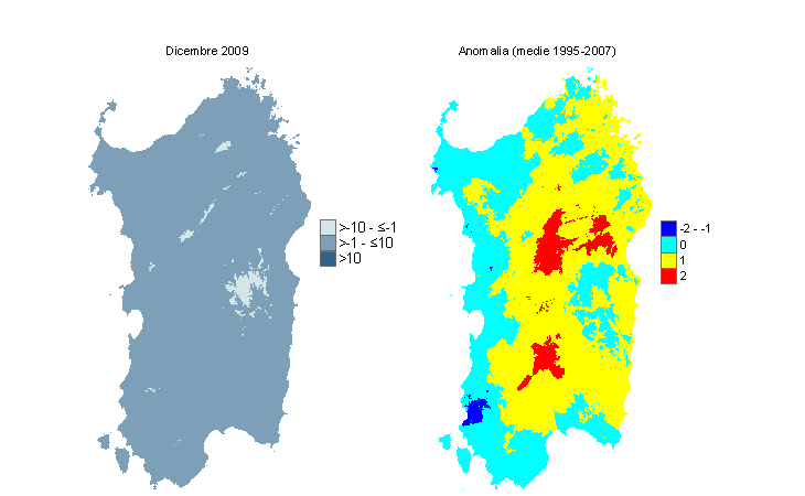 Figura 9 - Mappe di WCI per il mese di gennaio 2009 e raffronto con i valori medi del decennio 1995-2004. Figura 9 - Mappe di WCI per il mese di gennaio 2009 e raffronto con i valori medi del decennio 1995-2004.