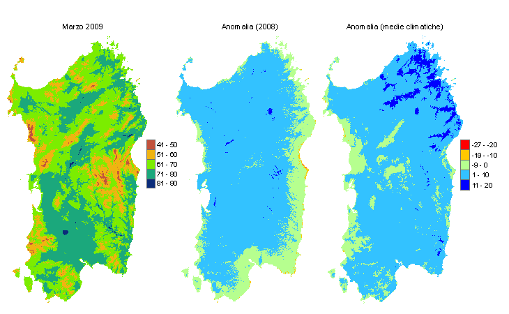 Figura 1 - Mappe di evapotraspirazione di riferimento di marzo 2009 e di anomalia rispetto all'anno precedente e ai valori medi trentennali. Figura 1 - Mappe di evapotraspirazione di riferimento di marzo 2009 e di anomalia rispetto all'anno precedente e ai valori medi trentennali.