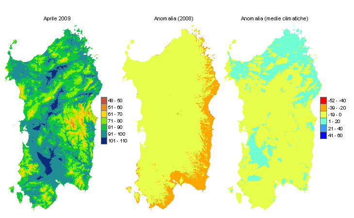 Figura 1 - Mappe di evapotraspirazione di riferimento di aprile 2009 e di anomalia rispetto all'anno precedente e ai valori medi trentennali. Figura 1 - Mappe di evapotraspirazione di riferimento di aprile 2009 e di anomalia rispetto all'anno precedente e ai valori medi trentennali.